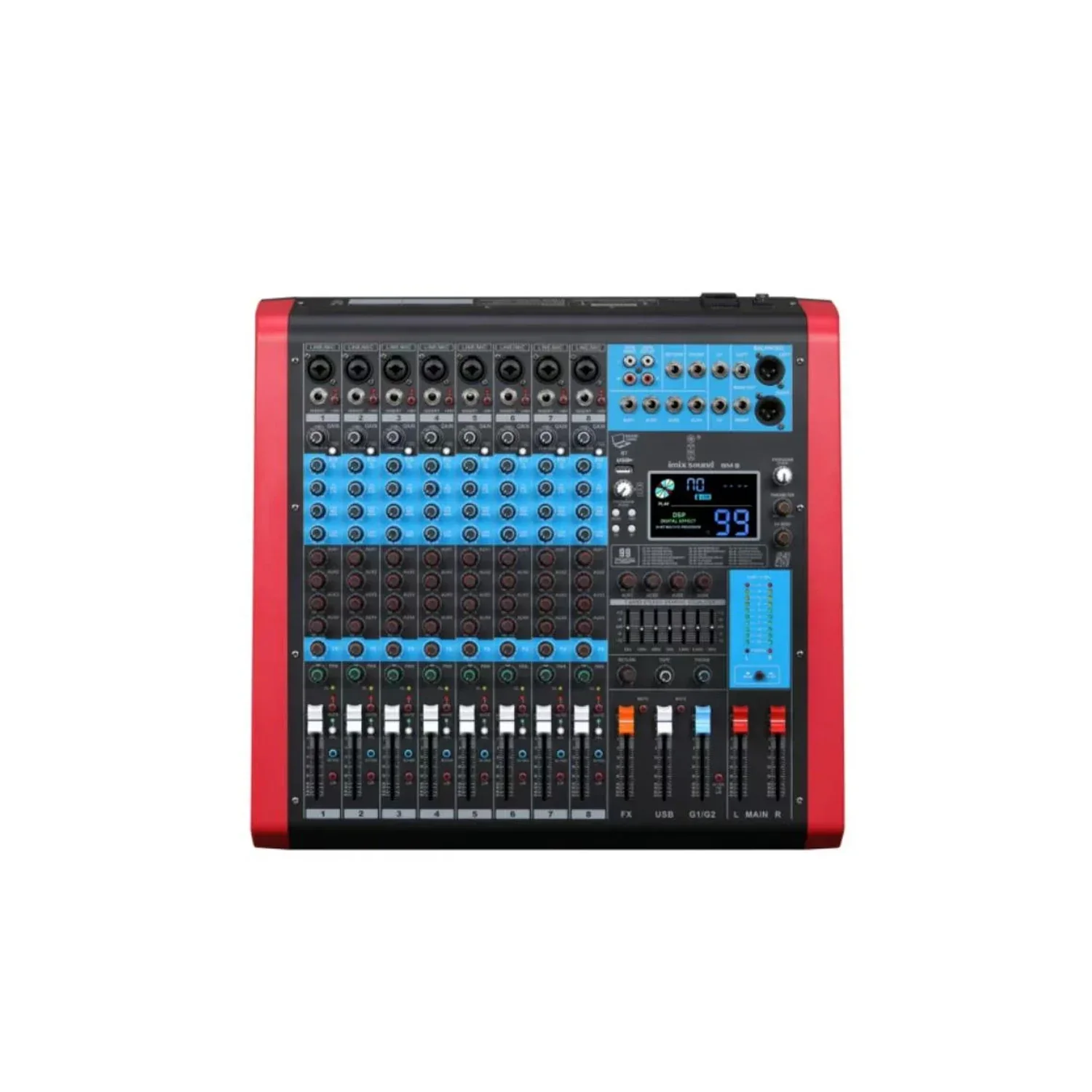 Globe Acoustic 8 Mono Mikrofon Girişli 4 Aux 2 Grup 99 DSP 7 Band EQ Bluetooth USB Kayıt 48V Phantom Analog Deck Mikser