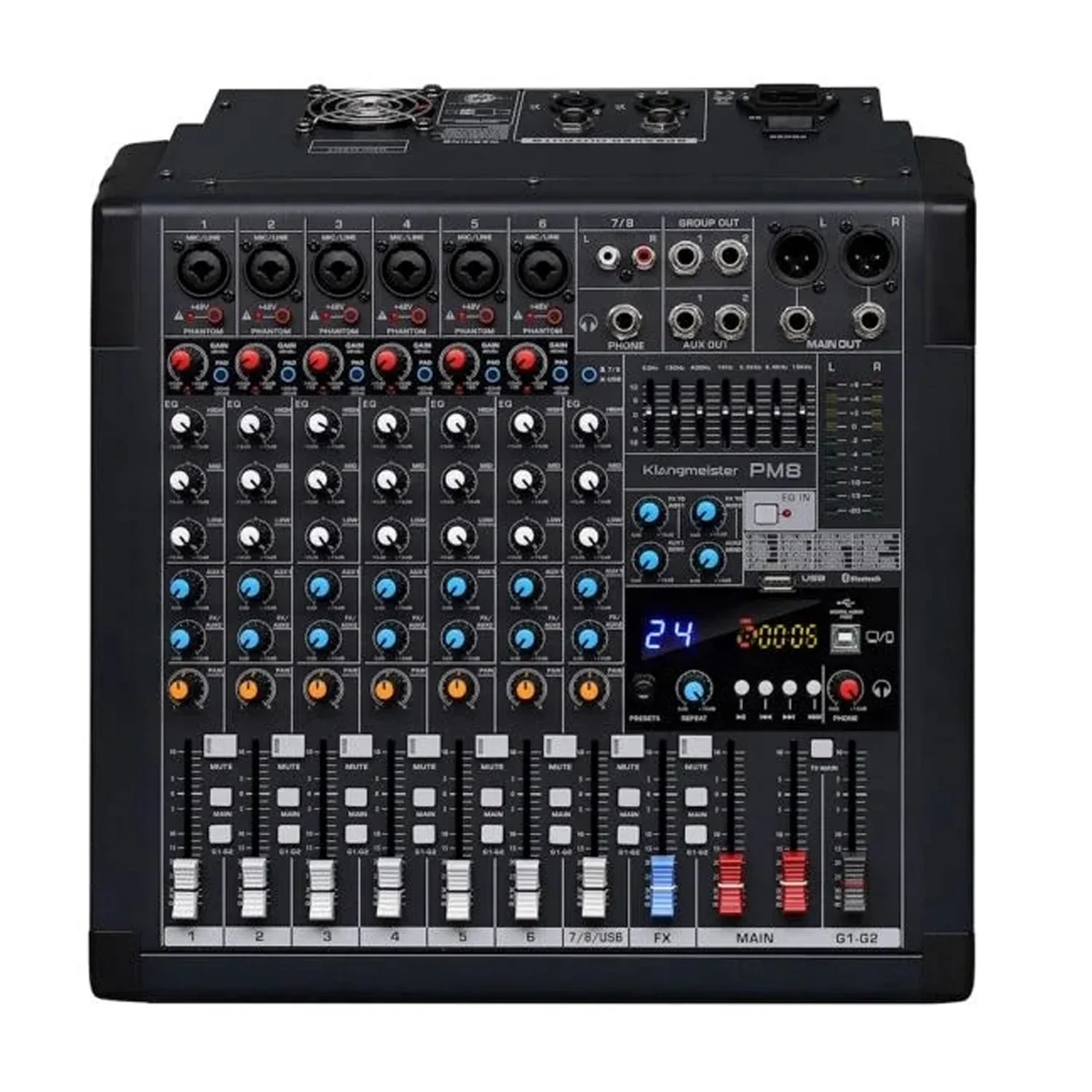 Klangmeister PM8-PRO Model 8 Kanal 2x650W Profesyonel Power Mikser Mp3 çalar, USB kayıt, Bluetooth
