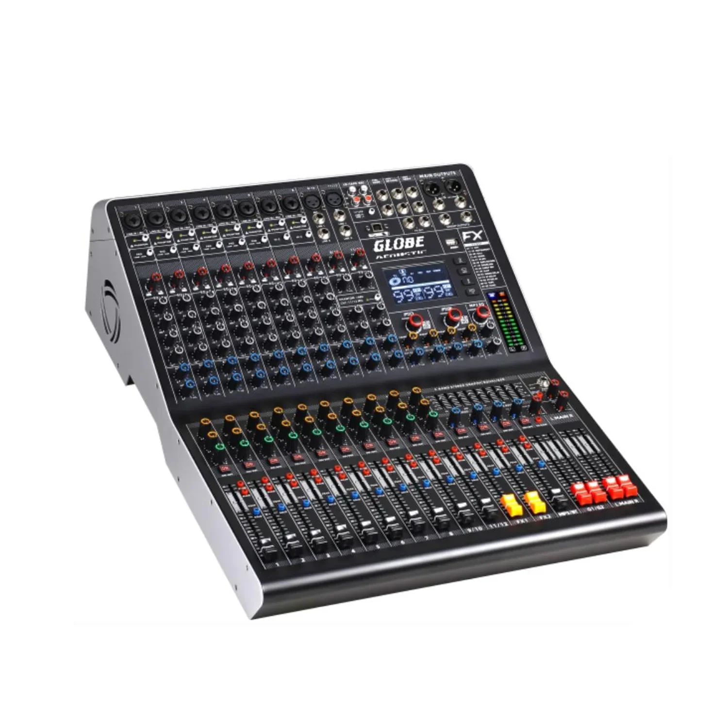Globe Acoustic GTP2252FX 12 Kanal 2000W-4Ω 8 Mikrofon 2 Stereo Giriş 2x99 DSP 7 Band EQ Bluetooth USB Kayıt 48V Phantom Stereo Power Mikser