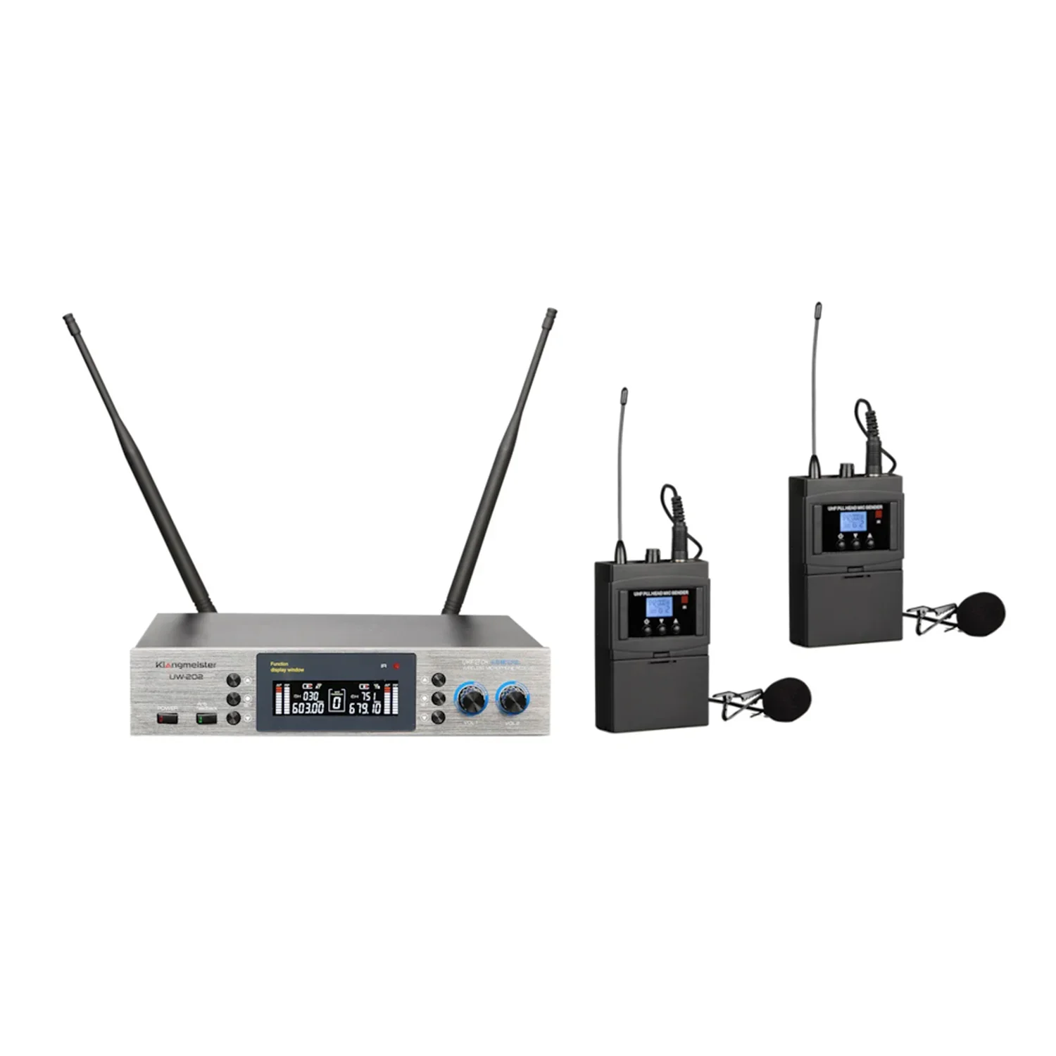 Klangmeister UW-202YY UHF Çift Yaka Anti-Feedback Telsiz Mikrofon Seti