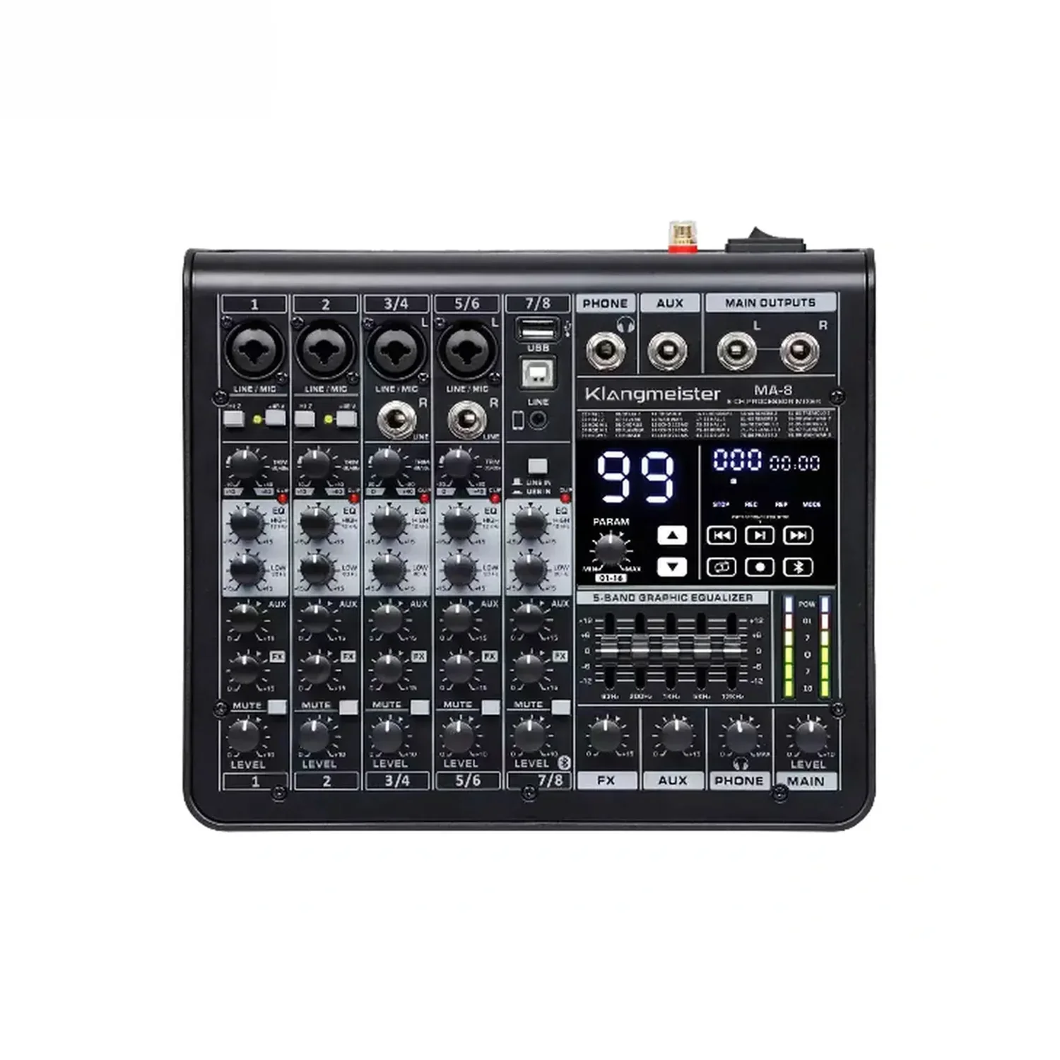 Klangmeister MA-8 8 Kanal 99 DSP Efektli USB Kayıt Bluetooth Profesyonel Deck Mikser