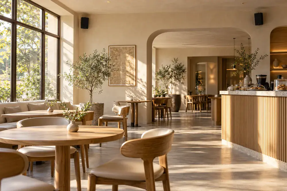 Duvara monte ses hoparlörlerinin bulunduğu modern kafe