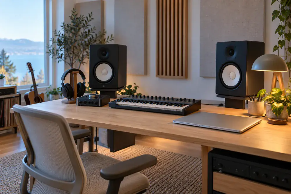 Stüdyo monitörleri ve müzik klavyesi bulunan kayıt masası